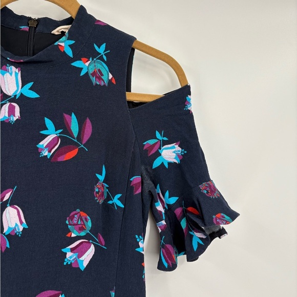 Rebecca Taylor Navy Blue Bellflower Floral Ruffle Cold Shoulder Sheath Dress 4 - Picture 12 of 15